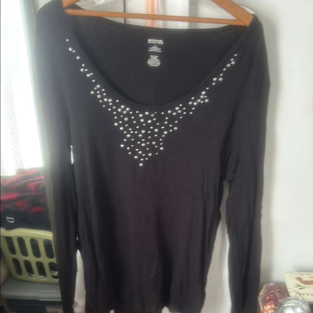 Michael Kors Embellished Black Long Sleeve Blouse